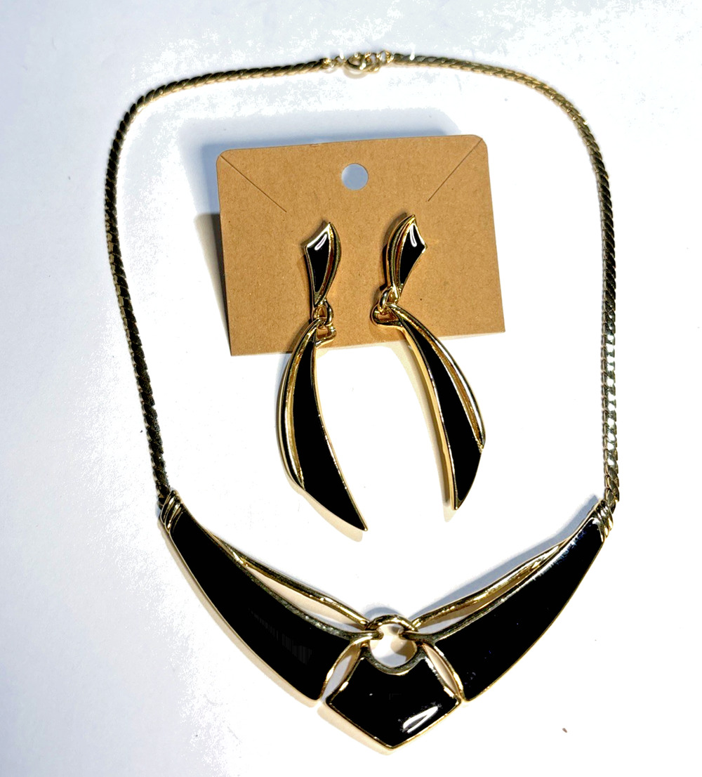 Trifari Black Enamel Gold Tone Geometric Necklace Dangle Earrings Set